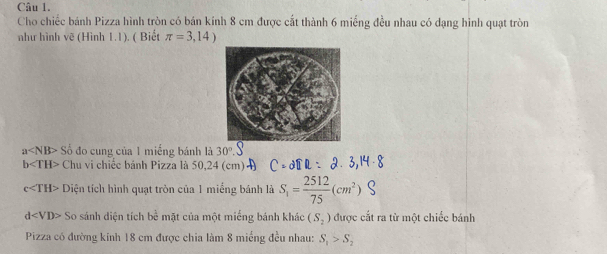 Cho chiếc bánh Pizza hình tròn có bán kính 8 cm được cất thành 6 miếng đều nhau có dạng hình quạt tròn 
như hình vẽ (Hình 1.1). ( Biết π =3,14)
a Số đo cung của 1 miếng bánh là 30°
b Chu vi chiếc bánh Pizza là 50, 24
c Diện tích hình quạt tròn của 1 miếng bánh là S_1= 2512/75 (cm^2)
d S_0 sánh diện tích bề mặt của một miếng bánh khác (S_2) được cắt ra từ một chiếc bánh 
Pizza có đường kính 18 cm được chia làm 8 miếng đều nhau: S_1>S_2