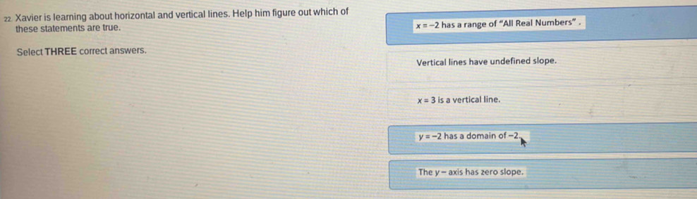 Xavier is learning about horizontal and vertical lines. Help him figure out which of
these statements are true. x=-2 has a range of “All Real Numbers” .
Select THREE correct answers.
Vertical lines have undefined slope.
x=3 is a vertical line.
y=-2 has a domain of −2
The y - axis has zero slope.