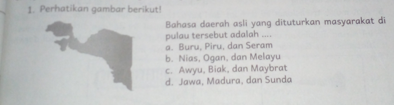 Perhatikan gambar berikut!
Bahasa daerah asli yang dituturkan masyarakat di
pulau tersebut adalah ....
a. Buru, Piru, dan Seram
b. Nias, Ogan, dan Melayu
c. Awyu, Biak, dan Maybrat
d. Jawa, Madura, dan Sunda