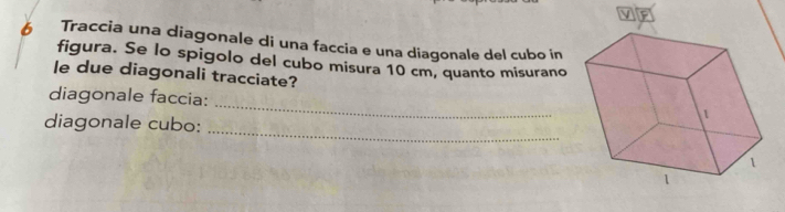 Traccia una diagonale di una faccia e una diagonale del cubo in 
figura. Se lo spigolo del cubo misura 10 cm, quanto misurano 
le due diagonali tracciate? 
_ 
diagonale faccia: 
diagonale cubo: 
_