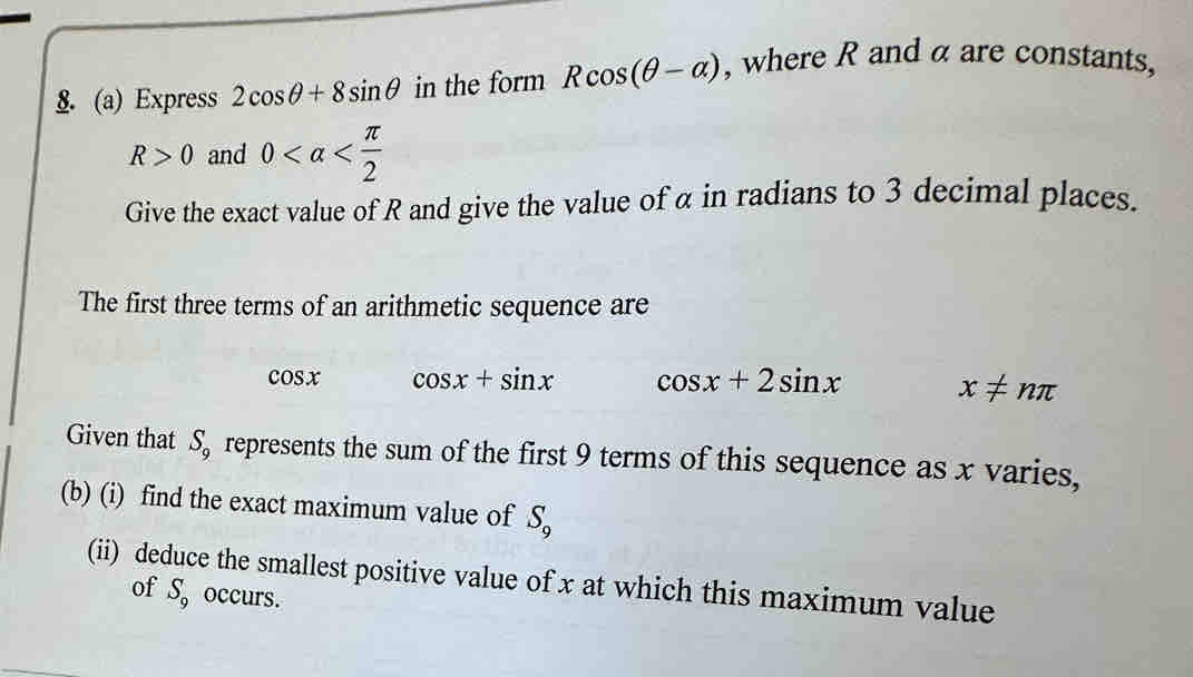 Solved: Express 2cos θ +8sin θ in the form Rcos (θ -alpha ) , where R ...