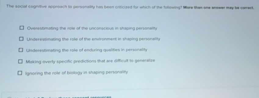 Solved: The social cognitive approach to personality has been ...
