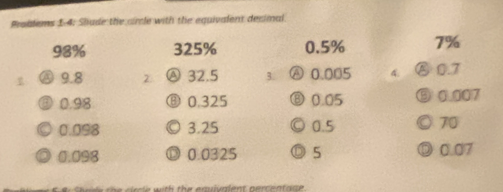 Problems 1-4: Shude the circle with the equivalent decimal.
98% 325% 0.5%
7%
1 ⑧ 9.8 2. Ⓐ 32.5 3. Ⓐ 0.005 4 ⑧ 0.7
③ 0.98 ⑧ 0.325 ⑧ 0.05 ⑤ 0.007
○ 0.098 ©3.25 ○ 0.5
◎ 70
◎ 0.098 Ⓓ 0.0325 Ⓓ 5
◎ 0.07
ade the circle with the equivalent percentage.