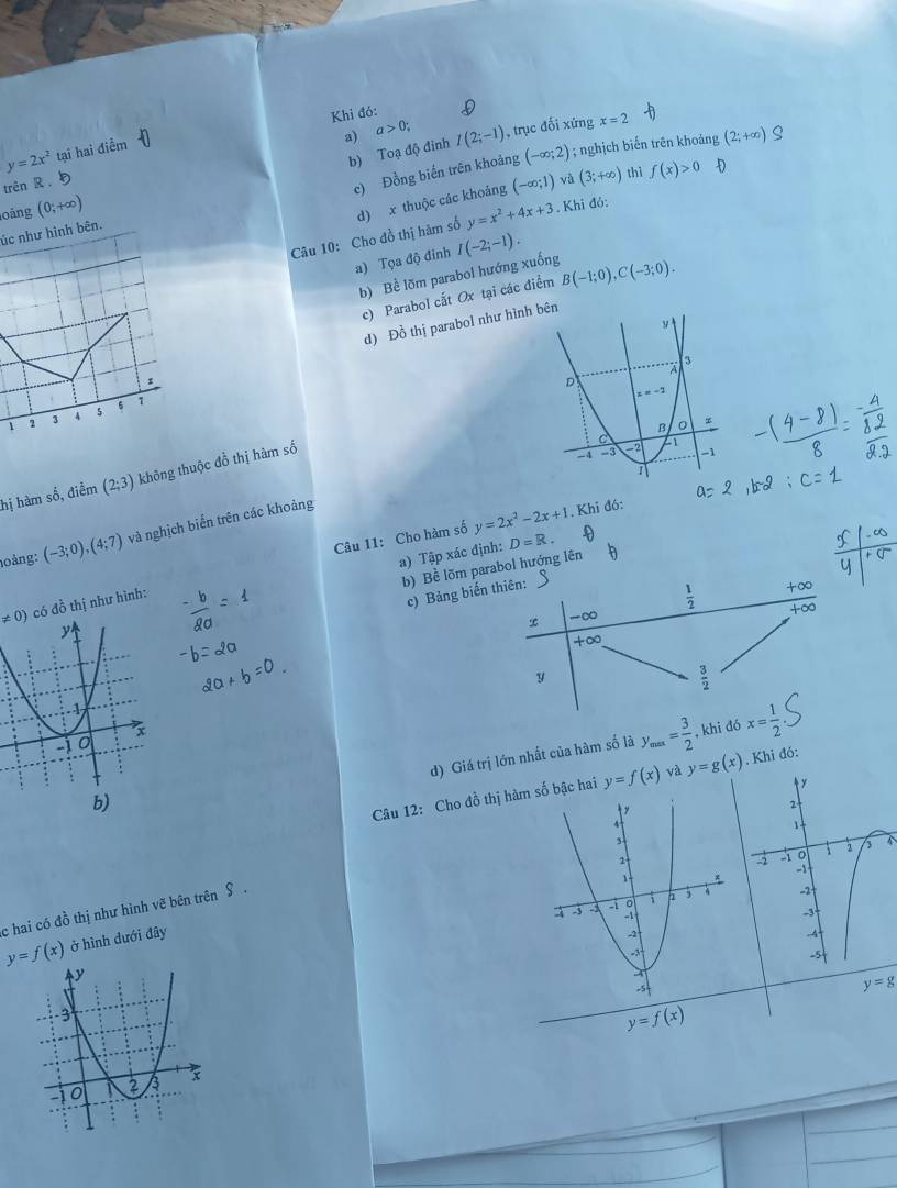 Khi đó:
a) a>0; , trục đối xứng x=2
y=2x^2 tại hai điểm
b) Toạ độ đinh
trên R . I(2;-1); nghịch biến trên khoảng
(2;+∈fty ) S
c) Đồng biến trên khoảng (-∈fty ;2)
oảng (0;+∈fty )
d) x thuộc các khoảng (-∈fty ;1) và (3;+∈fty ) thì f(x)>0
Câu 10: Cho đồ thị hàm số y=x^2+4x+3. Khi đó:
úc như hình bên.
a) Tọa độ đỉnh I(-2;-1).
b) Bề lõm parabol hướng xuống B(-1;0),C(-3;0).
c) Parabol cắt Ox tại các điểm
1 d) Đồ thị parabol như hìn
1 2 3 4 5 5 1
hị hàm số, điểm (2;3) không thuộc đồ thị hàm số
Câu 11: Cho hàm số y=2x^2-2x+1. Khi đó:
oảng: (-3;0),(4;7) và nghịch biến trên các khoảng
a) Tập xác định: D=R
b) Bề lõm parabol hướng lên
!= 0) có đồ thị như hình:
c) Bảng biến thiên:
 1/2  +∞
overline +∈fty 
x -∈fty
+∞
y
 3/2 
, khi đó x= 1/2 
d) Giá trị lớn nhất của hàm số là y_max= 3/2 
b)
Câu 12: Cho đồ thị hàm số bậc hai y=f(x) và y=g(x). Khi đó:
c hai có đồ thị như hình vẽ bên trên S .
y=f(x) ở hình dưới đây
y=g
y=f(x)