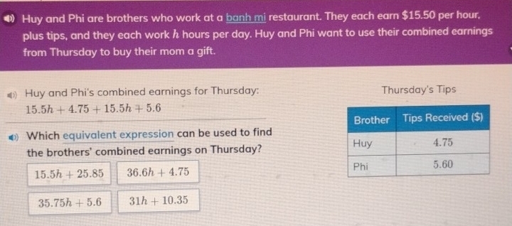 Huy and Phi are brothers who work at a banh mi restaurant. They each earn $15.50 per hour,
plus tips, and they each work h hours per day. Huy and Phi want to use their combined earnings
from Thursday to buy their mom a gift.
Huy and Phi's combined earnings for Thursday: Thursday's Tips
15.5h+4.75+15.5h+5.6
Which equivalent expression can be used to find
the brothers' combined earnings on Thursday?
15.5h+25.85 36.6h+4.75
35.75h+5.6 31h+10.35