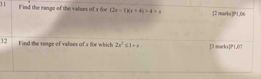 Find the range of the values of x for (2x-1)(x+4)>4+x [2 marks] P1,06
32 Find the range of values of x for which 2x^2≤ 1+x [3 marks] P1,07