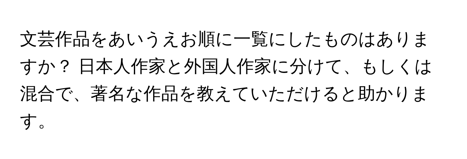 文芸作品をあいうえお順に一覧にしたものはありますか？ 日本人作家と外国人作家に分けて、もしくは混合で、著名な作品を教えていただけると助かります。