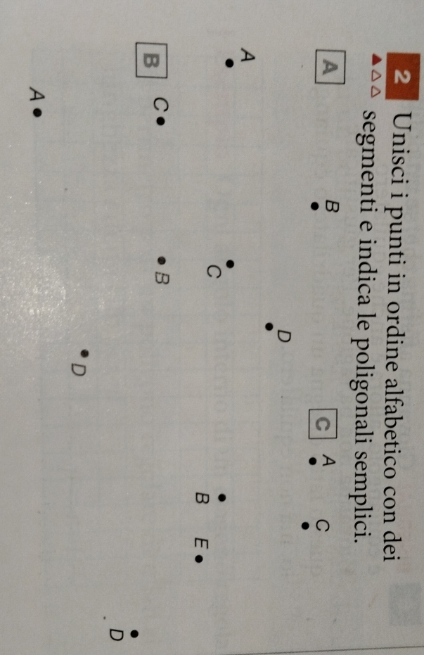 Unisci i punti in ordine alfabetico con dei 
segmenti e indica le poligonali semplici. 
A 
B 
C A C 
D 
A 
C 
B E 
B C 
B 
D 
A