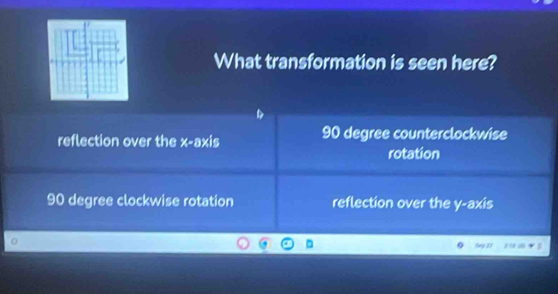 What transformation is seen here?
reflection over the x-axis
90 degree counterclockwise
rotation
90 degree clockwise rotation reflection over the y-axis
Swy X7