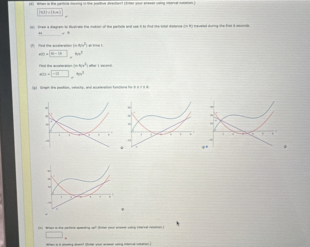 When is the particle moving in the positive direction? (Enter your answer using interval notation.)
[0.2)∪ (4,∈fty )
(e) Draw a diagram to illustrate the motion of the particle and use it to find the total distance (in ft) traveled during the first 6 seconds.
44_ != ft
(f) Find the acceleration (inft/s^2) at time t.
a(t)=6t-18ft/s^2
Find the acceleration s ft/s^2) after 1 second.
a(1)= -12,ft/s^2
(g) Graph the position, velocity, and acceleration functions for 0≤ t≤ 6. 

(h) When is the particle speeding up? (Enter your answer using interval notation.)
□ _* 
When is it slowing down? (Enter your answer using interval notation.)