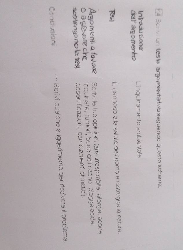 Sorivi un teso argomenta wo seguendo questo schema. 
Intraduzione 
OleI' argo mento L'inquinamento ambientale 
Tesi È dannoso alla salute dell'uomo e distrugge la natura. 
Argomenti a favore Scrivi le tue opinioni (aria irrespirabile, allergie, acque 
O asfvore one inquinate, rumori, buco dell’ozono, piogge acide, 
sostengono e tes! desertificazioni, cambiamenti climatici). 
Conclusioni Scrivi qualche suggerimento per risolvere il problema.