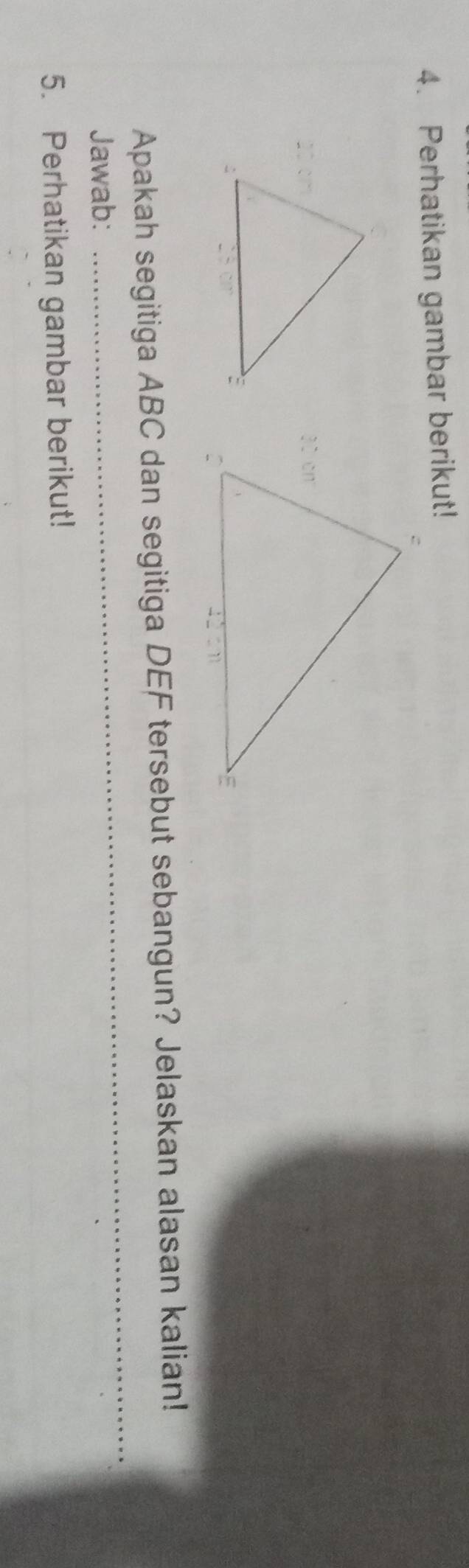 Perhatikan gambar berikut! 
Apakah segitiga ABC dan segitiga DEF tersebut sebangun? Jelaskan alasan kalian! 
Jawab: 
_ 
5. Perhatikan gambar berikut!