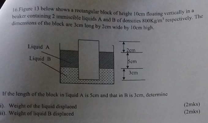 Figure 13 below shows a rectangular block of height 10cm floating vertically in a 
beaker containing 2 immiscible liquids A and B of densities 800Kg/m^3 respectively. The 
dimensions of the block are 3cm long by 2cm wide by 10cm high. 
If the length of the block in liquid A is 5cm and that in B is 3cm, determine 
i). Weight of the liquid displaced 
(2mks) 
ii). Weight of liquid B displaced (2mks)