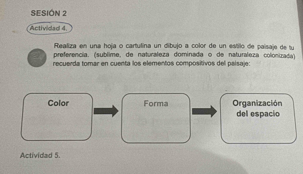 SESIÓN 2 
Actividad 4. 
Realiza en una hoja o cartulina un dibujo a color de un estilo de paisaje de tu 
preferencia. (sublime, de naturaleza dominada o de naturaleza colonizada) 
recuerda tomar en cuenta los elementos compositivos del paisaje: 
Color Forma Organización 
del espacio 
Actividad 5.