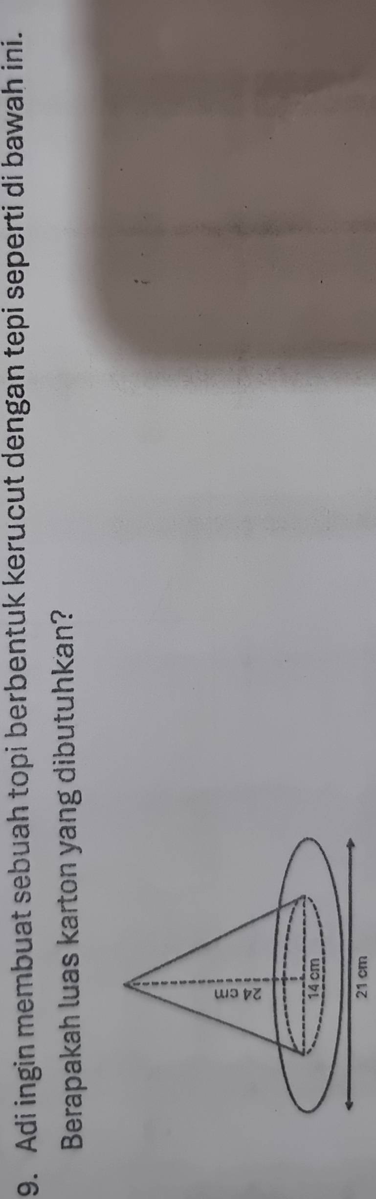 Adi ingin membuat sebuah topi berbentuk kerucut dengan tepi seperti di bawah ini. 
Berapakah luas karton yang dibutuhkan?