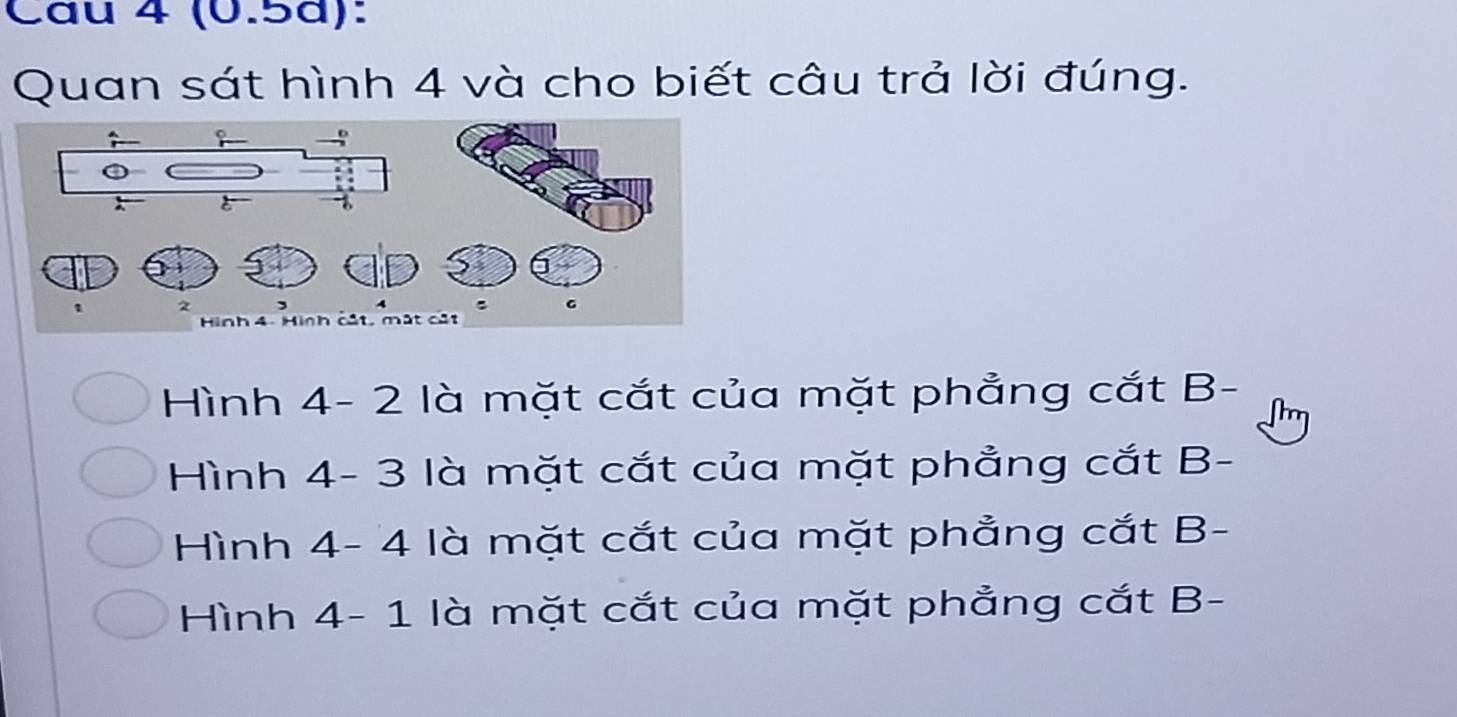 (0.5d):
Quan sát hình 4 và cho biết câu trả lời đúng.
Hình 4- 2 là mặt cắt của mặt phẳng cắt B-
Hình 4- 3 là mặt cắt của mặt phẳng cắt B-
Hình 4-4 - là mặt cắt của mặt phẳng cắt B-
Hình 4-1 là mặt cắt của mặt phẳng cắt B -