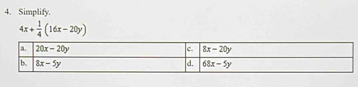 Simplify.
4x+ 1/4 (16x-20y)