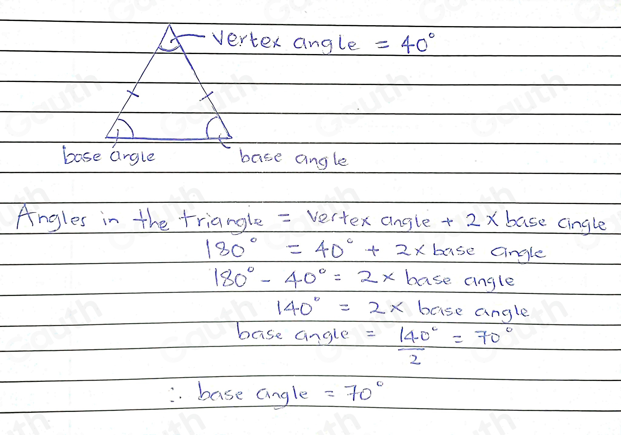Solved: The vertex angle of an isosceles triangle measures 40°. What is ...