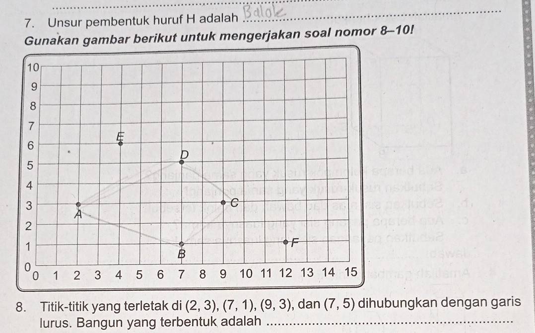 Unsur pembentuk huruf H adalah 
_ 
Gunakan gambar berikut untuk mengerjakan soal nomor 8-10!
8. Titik-titik yang terletak di (2,3), (7,1), (9,3) , dan (7,5) dihubungkan dengan garis 
lurus. Bangun yang terbentuk adalah_