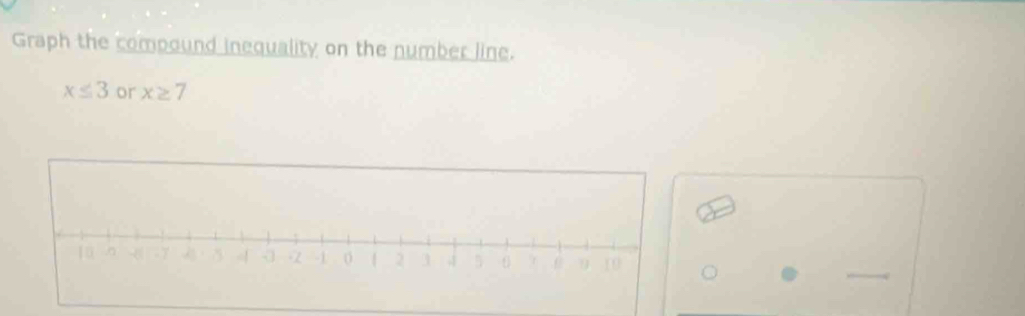 Graph the compound inequality on the number line.
x≤ 3 or x≥ 7