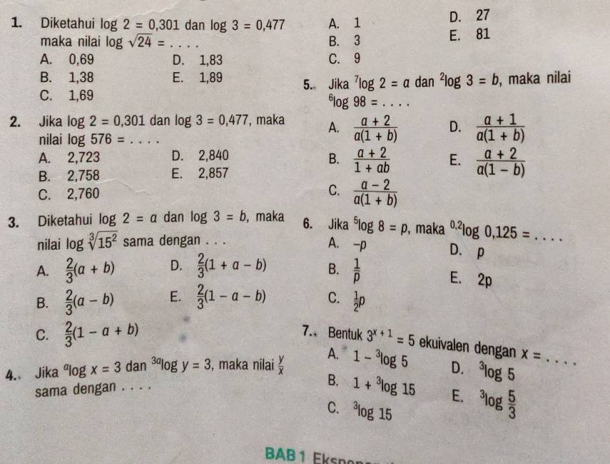 Diketahui log 2=0,301 dan log 3=0,477 A. 1 D. 27
maka nilai log sqrt(24)= _... □  B. 3 E. 81
A. 0,69 D. 1,83 C. 9
B. 1,38 E. 1,89 dan^2log 3=b , maka nilai
5. Jika^7log 2=a
C. 1,69^6log 98=... _
2. Jika log 2=0,301 _ dan log 3=0,477 , maka A.  (a+2)/a(1+b)  D.  (a+1)/a(1+b) 
nilai log 576=
A. 2,723 D. 2,840 B.  (a+2)/1+ab  E.  (a+2)/a(1-b) 
B. 2,758 E. 2,857
C. 2,760 C.  (a-2)/a(1+b) 
3. Diketahui log 2=a dan log 3=b , maka 6. Jika^5log 8=p , maka^(0.2)log 0,125= _
nilai log sqrt[3](15^2) sama dengan . . . A. -p
D. p
A.  2/3 (a+b) D.  2/3 (1+a-b) B.  1/p 
E. 2p
B.  2/3 (a-b) E.  2/3 (1-a-b) C.  1/2 p
C.  2/3 (1-a+b) 7.Bentuk 3^(x+1)=5 ekuivalen dengan X=
4. Jika álog x=3 dan^(3a)log y=3 , maka nilai  y/x  A. 1-^3log 5 D. ^3log 5 _
sama dengan . . . . B. 1+^3log 15
E. ^3log  5/3 
C. ^3log 15
BAB 1 Eksno