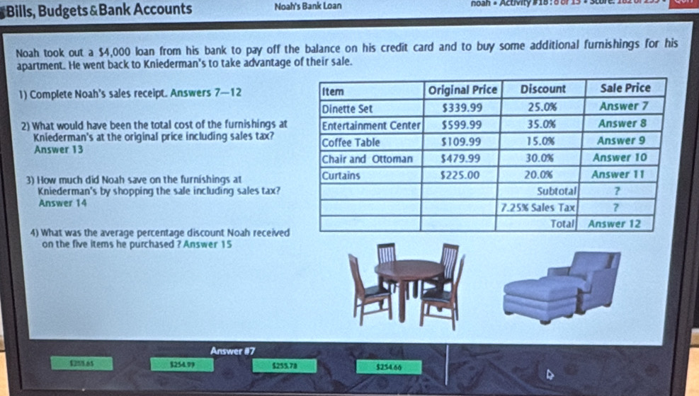 Bills, Budgets &Bank Accounts Noah's Bank Loan noah * Activity # 18 : 8 or 15 + Sture:
Noah took out a $4,000 loan from his bank to pay off the balance on his credit card and to buy some additional furnishings for his
apartment. He went back to Kniederman's to take advantage of their sale.
1) Complete Noah's sales receipt. Answers 7-12 
2) What would have been the total cost of the furnishings at
Kniederman's at the original price including sales tax?
Answer 13
3) How much did Noah save on the furnishings at 
Kniederman's by shopping the sale including sales tax?
Answer 14
4) What was the average percentage discount Noah received
on the five items he purchased ? Answer 15
Answer 117
$255.65 $254.99 $255,78 $254.66