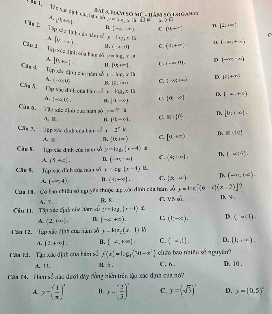 hàm sở mũ - hàm sỏ logarit
Cầu 1.   Tập xác định của hàm số y=log _2x là C. (0;+∈fty ). (-∈fty ;+∈fty ).
A. [0;+∈fty ). B. (-∈fty ;+∈fty ).
D. [2;+∈fty ).
C
Câu 2. Tập xác định của hàm số y=log _5x1a (-∈fty ;+∈fty ).
A. [0;+∈fty ). B. (-∈fty ;0).
C. (0;+∈fty ). D.
Câu 3. Tập xác định của hàm số y=log _6xla C. (-∈fty ;0).
A. [0;+∈fty ).
D.
B. (0;+∈fty ).
Câu 4. Tập xác định của hàm số y=log _3xla C. (-∈fty ;+∈fty )
A. (-∈fty ;0)
D. [0;+∈fty )
B. (0;+∈fty )
Câu 5. Tập xác định của hàm số y=log _4xla
A. (-∈fty ;0). C. (0;+∈fty ). D. (-∈fty ;+∈fty ).
B. [0;+∈fty ).
Câu 6. Tập xác định của hàm số y=5^xla
A. R .
B. (0;+∈fty ). C. R/R> 0 . D. [0;+∈fty ).
Câu 7. Tập xác định của hàm số y=2^x là
A. R . B. (0;+∈fty ). C. [0;+∈fty ). D. R/ 0 .
Câu 8. Tập xác định của hàm số y=log _3(x-4) là
A. (5;+∈fty ). (-∈fty ;+∈fty ). C. (4;+∈fty ). D. (-∈fty ;4).
B.
Câu 9. Tập xác định của hàm số y=log _3(x-4)la.
A. (-∈fty ;4). (4;+∈fty ). C. (5;+∈fty ). D. (-∈fty ;+∈fty ).
B.
Câu 10. Có bao nhiêu số nguyên thuộc tập xác định của hàm số y=log [(6-x)(x+2)] ?
A. 7 . B. 8 . C. Vô số. D. 9 .
Câu 11. Tập xác định của hàm số y=log _2(x-1) là
A. (2;+∈fty ). B. (-∈fty ;+∈fty ). C. (1;+∈fty ). D. (-∈fty ;1).
Câu 12. Tập xác định của hàm số y=log _2(x-1) là
A. (2;+∈fty ). B. (-∈fty ;+∈fty ). C. (-∈fty ;1). D. (1;+∈fty ).
Câu 13. Tập xác định của hàm số f(x)=log _5(30-x^2) chứa bao nhiêu số nguyên?
A. 11. B. 5 . C. 6 . D. 10 .
Câu 14. Hàm số nào dưới đây đồng biến trên tập xác định của nó?
B.
A. y=( 1/π  )^x y=( 2/3 )^x C. y=(sqrt(3))^x D. y=(0,5)^x