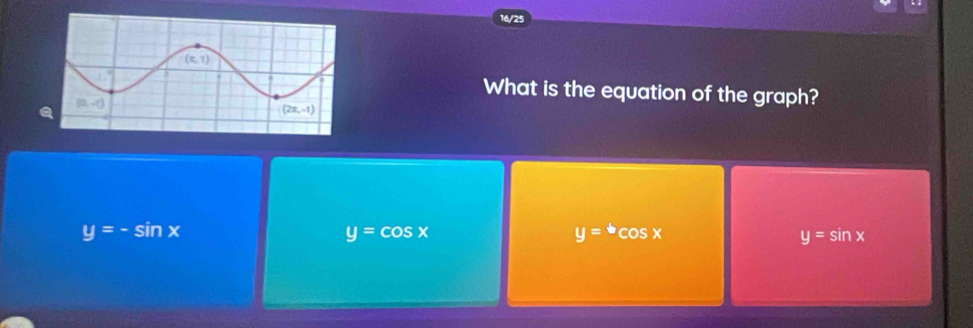 16/25
What is the equation of the graph?
y=-sin x
y=cos x
y=^+cos x
y=sin x