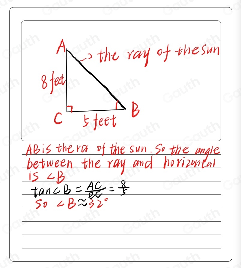 Solved: A vertical pole 8 feet tall cast a shadow 5 feet long on level ...