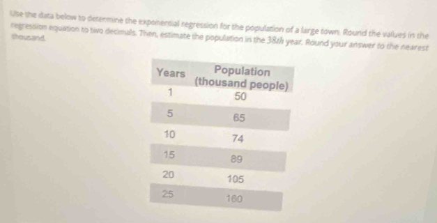 Use the data below to detenmine the exponensial regression for the population of a large town. Round the values in the 
regression equation to tivo decimals. Then, estimate the population in the 38/ year. Round your answer to the nearest thousand