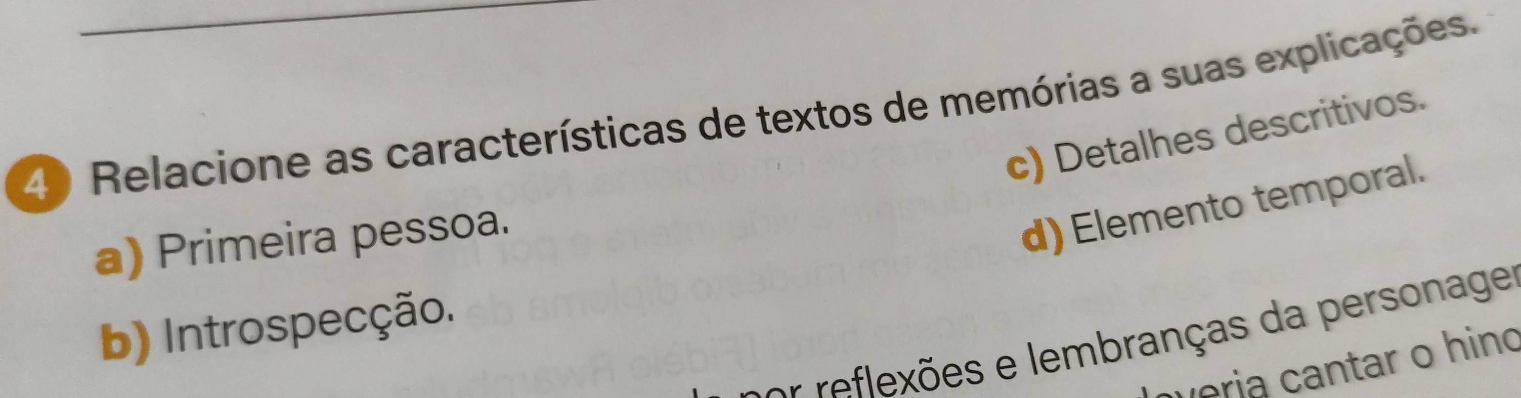 Relacione as características de textos de memórias a suas explicações.
c) Detalhes descritivos.
a) Primeira pessoa.
d) Elemento temporal.
b) Introspecção.
cr r f ex es e embranças da personage
weria cantar o hino