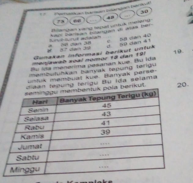 Paraikan baran bilangan berikut!
30
75 66 , . , 48
Bilangan yang tepat untuk meleng- 
kapí barisan bilangan di atas ber- 
e. 58 dan 40
turut-turut adalsh 
d. 59 dan 41
a 56 dạn 38
57 dan 39
Gunakan informasi berikut untuk 
menjawab soal nomor 18 dan 19! 19. 
Bu ida menerima pesanan kue. Bu Ida 
membutuhkan banyak tepung terigu 
untuk membuat kue. Banyak perse- 
tepung terigu Bu Ida selama 
rikut. 20.