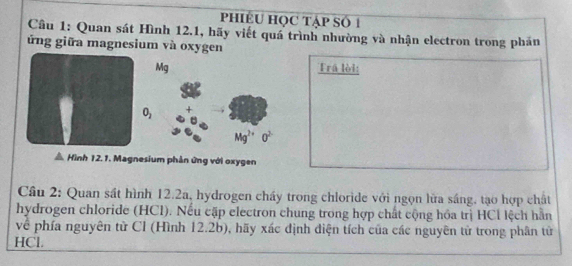 phIÊU HọC Tập Số 1
Cầu 1: Quan sát Hình 12.1, hãy viết quá trình nhường và nhận electron trong phán
ứng giữa magnesium và oxygen
Mg Frā lời:
O_2
Hình 12.1. Magnesium phản ứng với oxygen
Câu 2: Quan sát hình 12.2a, hydrogen chấy trong chloride với ngọn lửa sáng, tạo hợp chất
hydrogen chloride (HCl). Nếu cặp electron chung trong hợp chất cộng hóa trị HCl lệch hàn
về phía nguyên tử Cl (Hình 12.2b), hãy xác định diện tích của các nguyên tử trong phân tử
HCl.