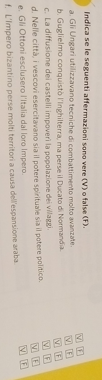 Indica se le seguenti affermazioni sono vere (V) o false (F). 
V F 
a. Gli Ungari utilizzavano tecniche di combattimento molto avanzate. 
V F 
b. Guglielmo conquistò l’Inghilterra, ma perse il Ducato di Normandia. 
V F 
c. La diffusione dei castelli impoverì la popolazione dei villaggi. 
v F 
d. Nelle città, i vescovi esercitavano sia il potere spirituale sia il potere politico. 
V E 
e. Gli Ottoni esclusero l’Italia dal loro Impero. V F 
f. L’Impero bizantino perse molti territori a causa dell’espansione araba.