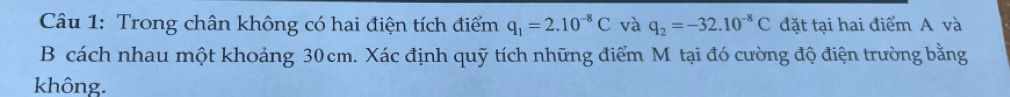 Trong chân không có hai điện tích điểm q_1=2.10^(-8)C và q_2=-32.10^(-8)C đặt tại hai điểm A và 
B cách nhau một khoảng 30cm. Xác định quỹ tích những điểm Mỹ tại đó cường độ điện trường bằng 
không.