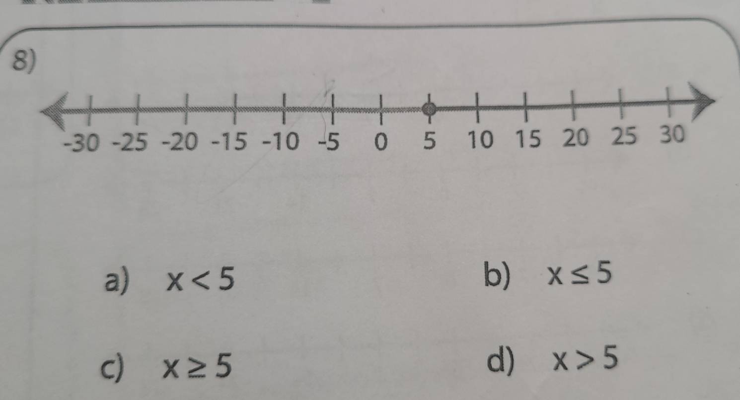 a) x<5</tex> b) x≤ 5
c) x≥ 5 d) x>5