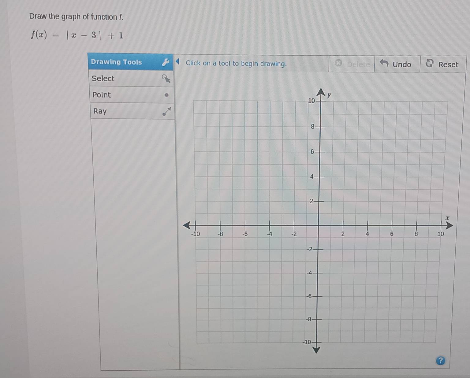 Draw the graph of function f.
f(x)=|x-3|+1
Drawing Tools Click on a tool to begin drawing. Delete Undo Reset 
Select 
Point 
Ray