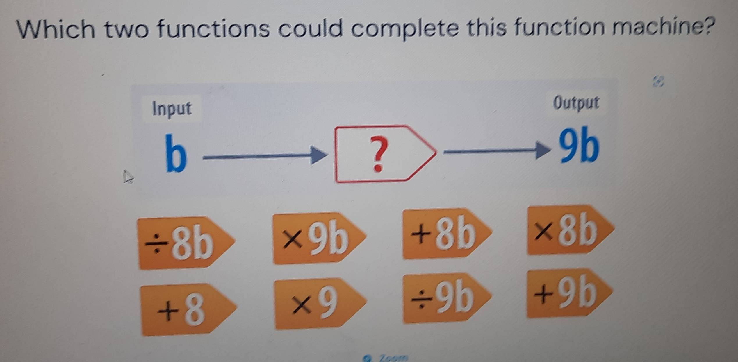 Which two functions could complete this function machine?
Input
Output
b
?
9b
÷8b
×9b
+8b
×8b
+8
x9
÷9b
+9b
Zoom