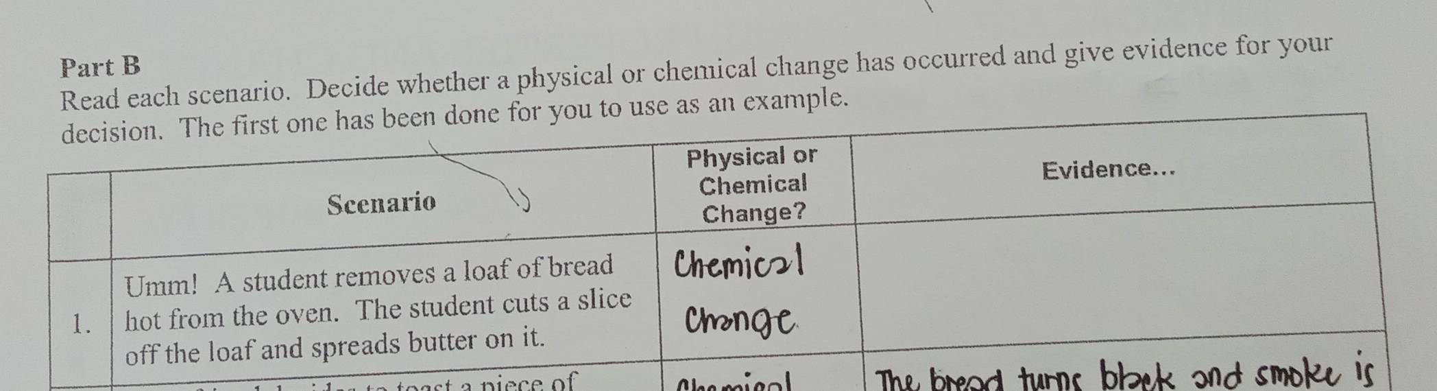 Read each scenario. Decide whether a physical or chemical change has occurred and give evidence for your 
as an example. 
reof