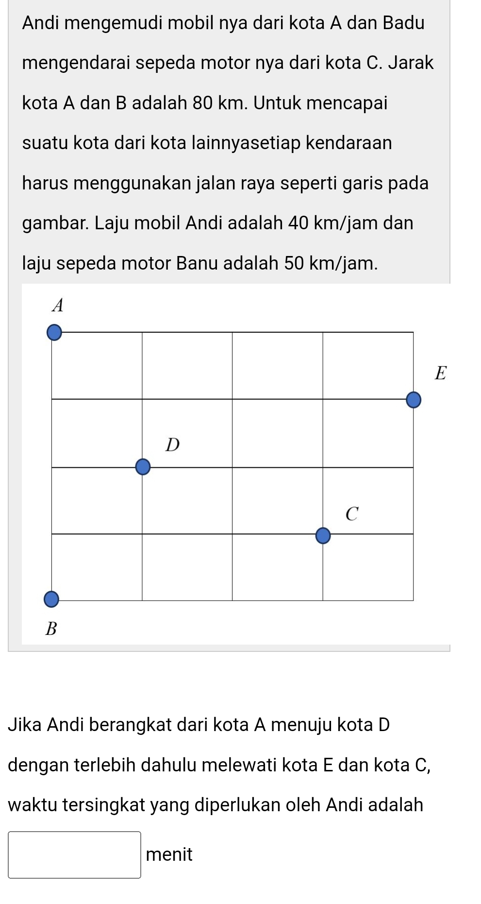 Andi mengemudi mobil nya dari kota A dan Badu 
mengendarai sepeda motor nya dari kota C. Jarak 
kota A dan B adalah 80 km. Untuk mencapai 
suatu kota dari kota lainnyasetiap kendaraan 
harus menggunakan jalan raya seperti garis pada 
gambar. Laju mobil Andi adalah 40 km/jam dan 
laju sepeda motor Banu adalah 50 km/jam. 
Jika Andi berangkat dari kota A menuju kota D
dengan terlebih dahulu melewati kota E dan kota C, 
waktu tersingkat yang diperlukan oleh Andi adalah 
□ menit