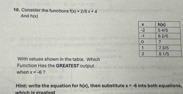 Consider the functions f(x)=2/5x+4
And h(x)
With values shown in the table. Which
Function Has the GREATEST output
when x=-6 ?
Hint: write the equation for h(x) , then substitute x=-6 into both equations,
which is greatest