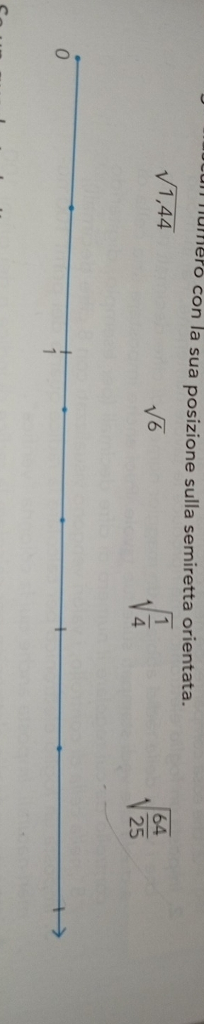 umero con la sua posizione sulla semiretta orientata.
sqrt(1,44)
sqrt(6)
sqrt(frac 1)4
sqrt(frac 64)25