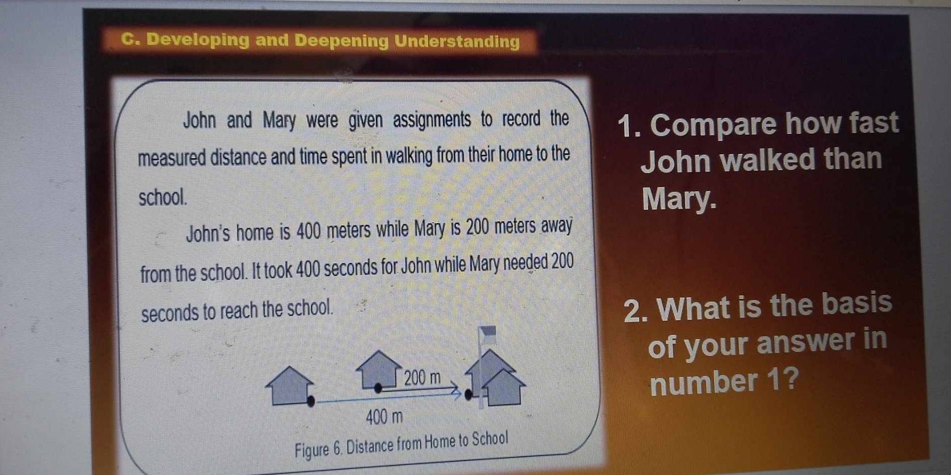 Developing and Deepening Understanding 
John and Mary were given assignments to record the 1. Compare how fast 
measured distance and time spent in walking from their home to the 
John walked than 
school. Mary. 
John's home is 400 meters while Mary is 200 meters away 
from the school. It took 400 seconds for John while Mary needed 200
seconds to reach the school. 
2. What is the basis 
of your answer in
200 m
number 1?
400 m
Figure 6. Distance from Home to School