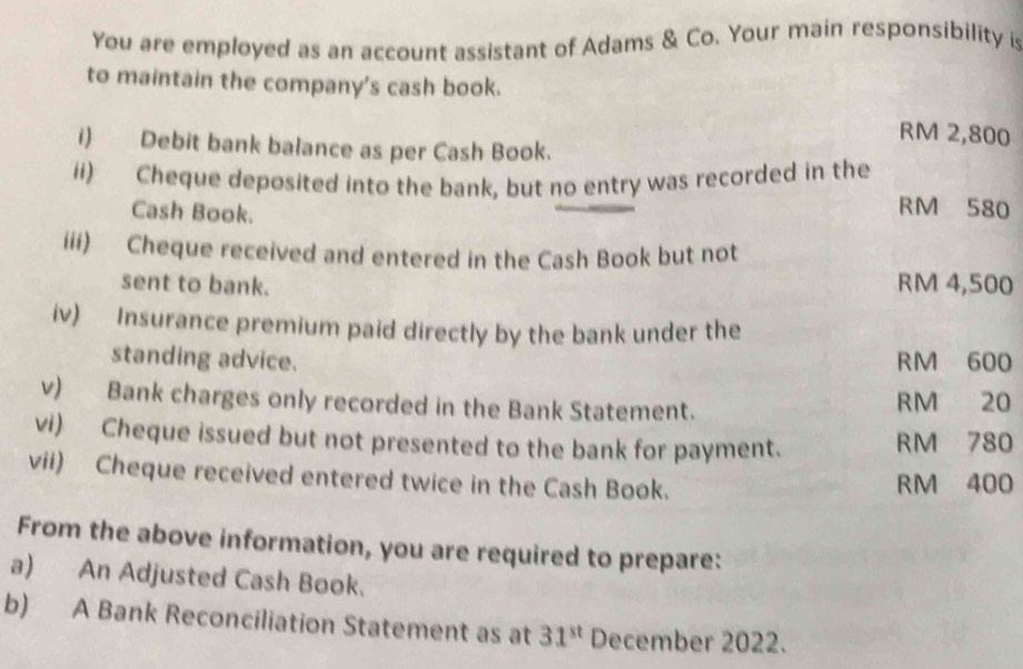 You are employed as an account assistant of Adams & Co. Your main responsibility is
to maintain the company's cash book.
RM 2,800
i) Debit bank balance as per Cash Book.
ii) Cheque deposited into the bank, but no entry was recorded in the RM 580
Cash Book.
iii) Cheque received and entered in the Cash Book but not
sent to bank. RM 4,500
iv) Insurance premium paid directly by the bank under the
standing advice. RM 600
v) Bank charges only recorded in the Bank Statement. RM 20
vi) Cheque issued but not presented to the bank for payment. RM 780
vii) Cheque received entered twice in the Cash Book. RM 400
From the above information, you are required to prepare:
a) An Adjusted Cash Book.
b) A Bank Reconciliation Statement as at 31^(st) December 2022.