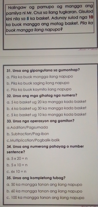 Nalingaw og pamupo og mangga an
pamilya ni Mr. Cruz sa ilang tugkaran. Gisulod
kini nila sa 5 ka basket. Adunay sulod nga 10
ka buok mangga ang matag basket. Pila ka
buok mangga ilang napupo?
31. Unsa ang gipangutana sa gumonhap?
a. Pila ka buok mangga ilang napupo
b. Pila ka buok saging ilang napupo
c. Pila ka buok kaymito ilang napupo
32. Unsa ang mga gihatag nga numero?
a. 5 ka basket ug 20 ka mangga kada basket
b. 6 ka basket ug 30 ka mangga kada basket
c. 5 ka basket ug 10 ka mangga kada basket
33. Unsa nga operasyon ang gamiton?
a.Addition/Pagsumada
b. Subtraction/Pag-iban
c.Multiplication/Pagbalik-balik
34. Unsa ang numerong pahayag o number
sentence?
a. 5* 20=n
b. 5* 10=n
C. 6* 10=n
35. Unsa ang kompletong tubag?
a. 50 ka mangga tanan ang ilang napupo
b. 60 ka mangga tanan ang ilang napupo
c. 100 ka mangga tanan ang ilang napupo