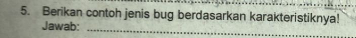Berikan contoh jenis bug berdasarkan karakteristiknya! 
Jawab:_