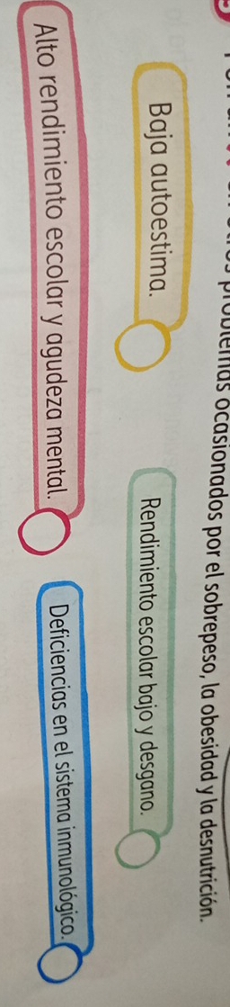 oblemas ocasionados por el sobrepeso, la obesidad y la desnutrición. 
Baja autoestima. Rendimiento escolar bajo y desgano. 
Alto rendimiento escolar y agudeza mental. Deficiencias en el sistema inmunológico.