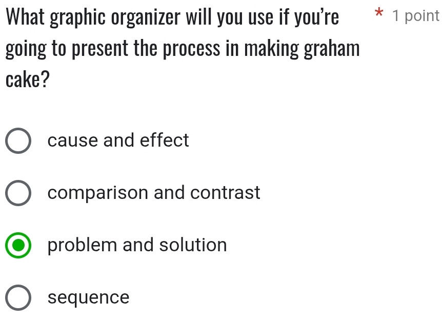 What graphic organizer will you use if you're * 1 point
going to present the process in making graham
cake?
cause and effect
comparison and contrast
problem and solution
sequence