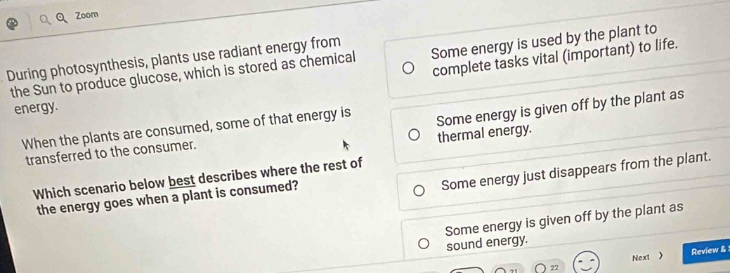 Zoom
Some energy is used by the plant to
complete tasks vital (important) to life.
During photosynthesis, plants use radiant energy from
the Sun to produce glucose, which is stored as chemical
energy.
transferred to the consumer. Some energy is given off by the plant as
When the plants are consumed, some of that energy is
thermal energy.
Some energy just disappears from the plant.
Which scenario below best describes where the rest of
the energy goes when a plant is consumed?
Some energy is given off by the plant as
sound energy.
Next  Review &