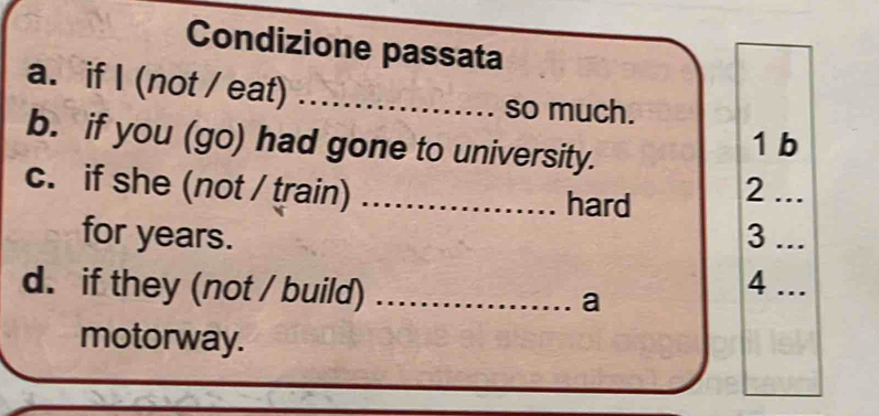 Condizione passata 
a. if I (not / eat) _ so much. 
b. if you (go) had gone to university. 1 b 
c. if she (not / train) .............. hard 
2 ... 
for years. 3 ... 
4 
d. if they (not / build) ................ a ... 
motorway.